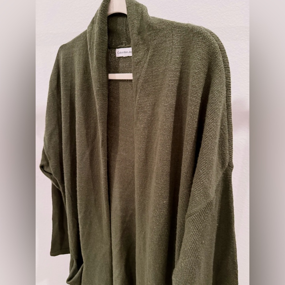 Calvin Klein Women's Open-Front Long Cardigan Duster - Thyme Size L - Picture 8 of 9